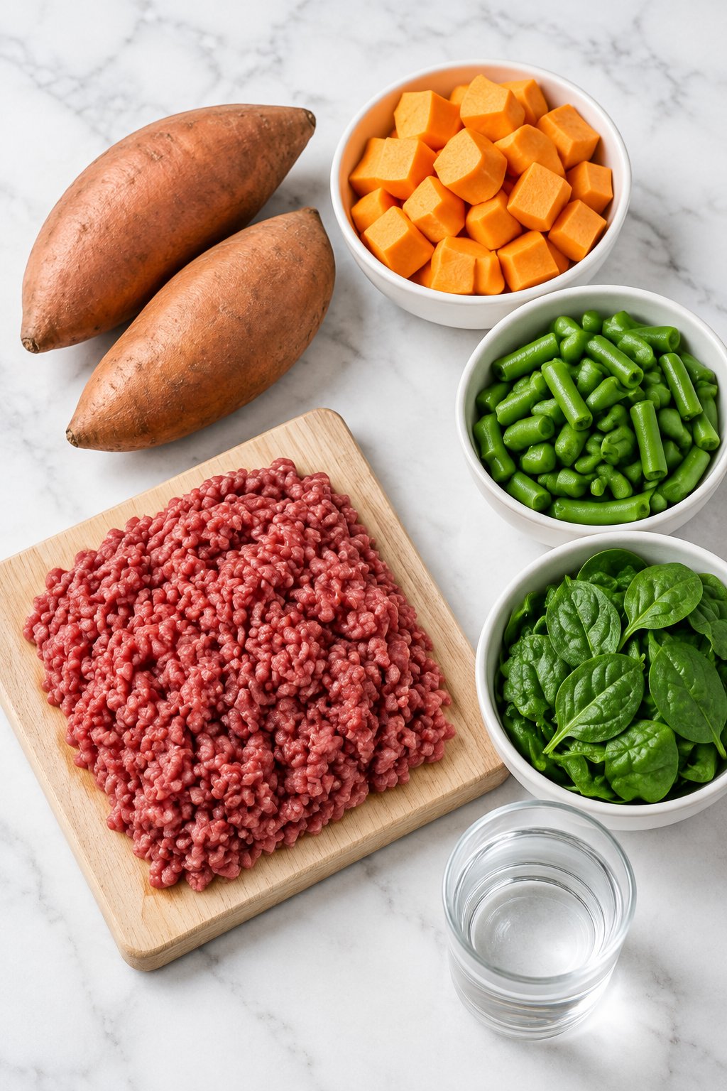 Ingredients for ground beef and sweet potato dog food: lean ground beef, sweet potatoes, green beans, spinach and water.