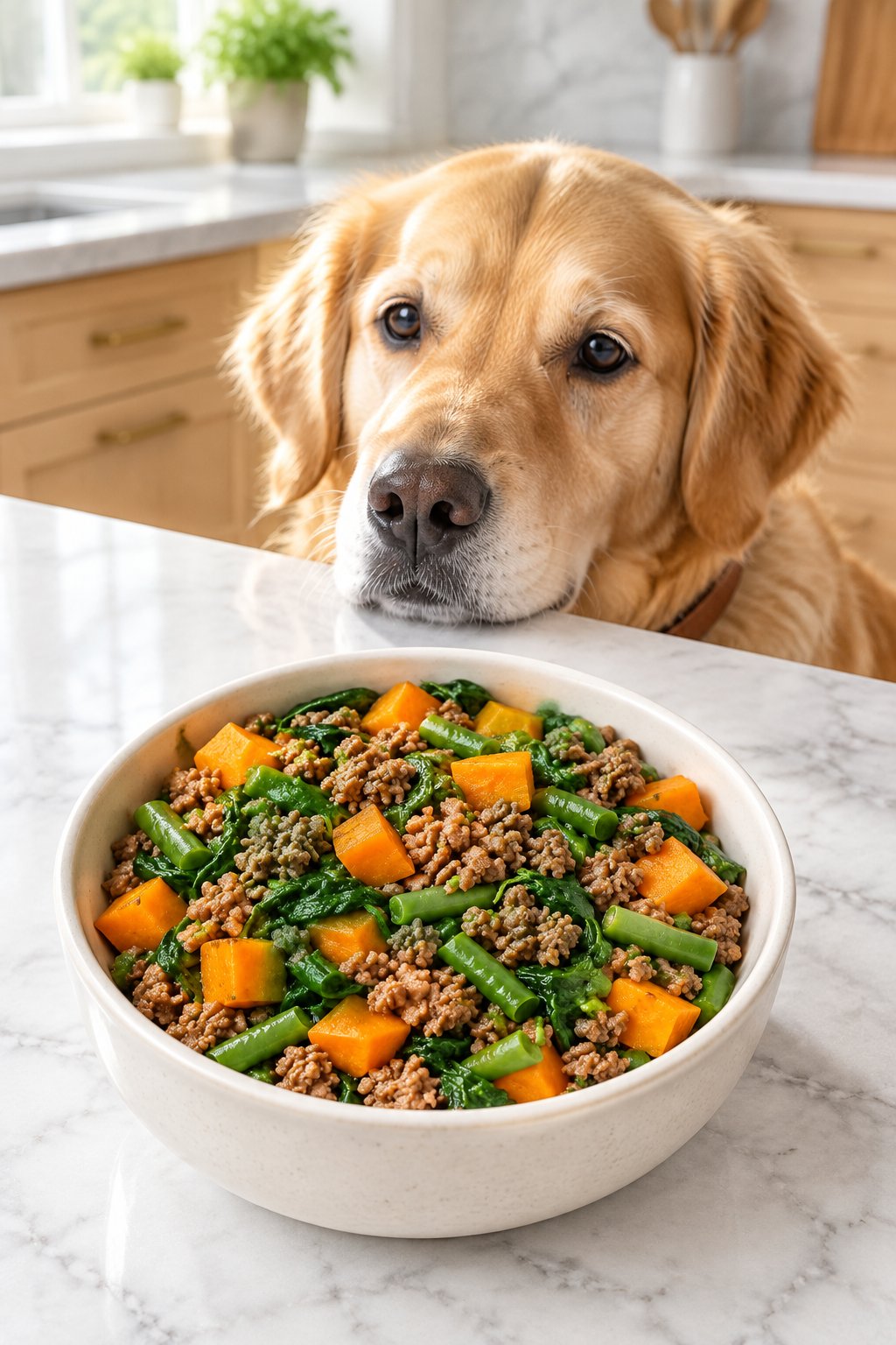 A golden retriever mix eyeing a bowl of homemade ground beef and sweet potato dog food.