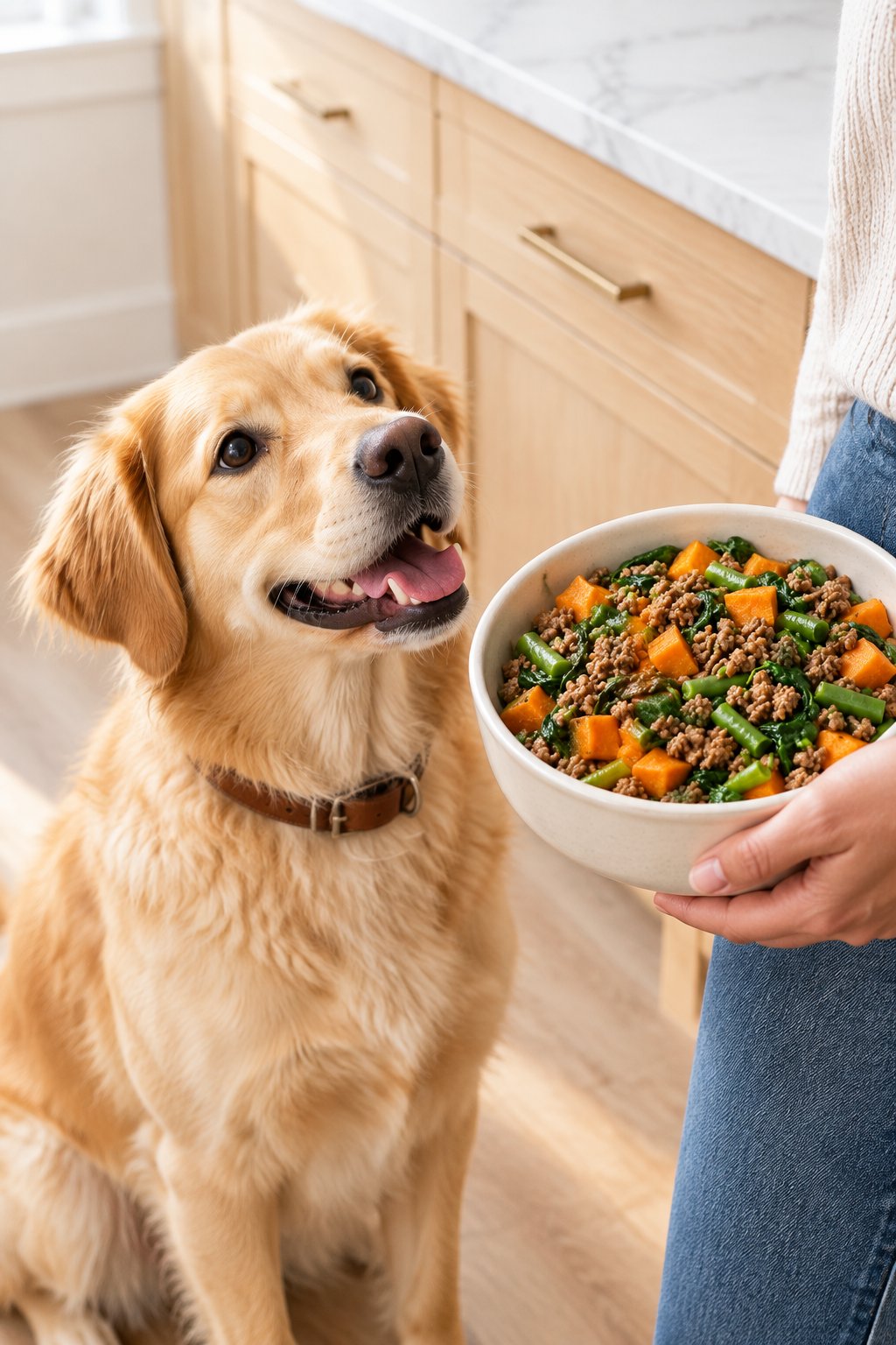 A golden retriever mix looking up at a bowl of homemade ground beef and sweet potato dog food.