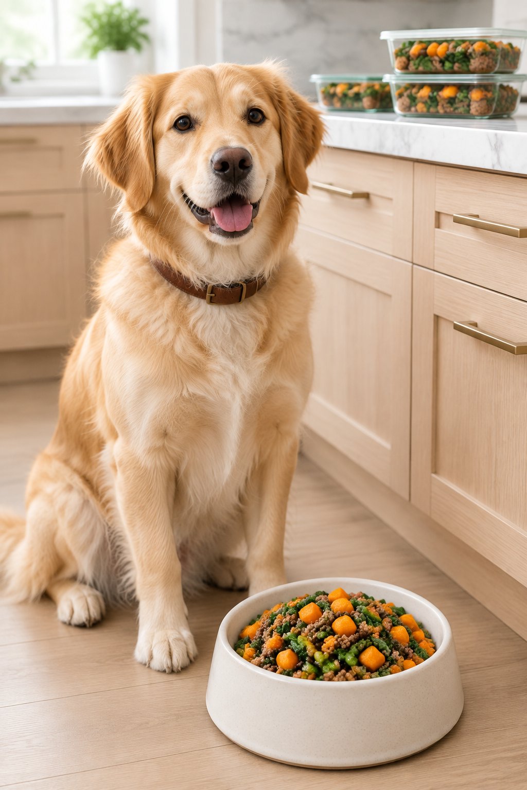 A golden retriever mix waiting beside a bowl of homemade beef and sweet potato dog food.