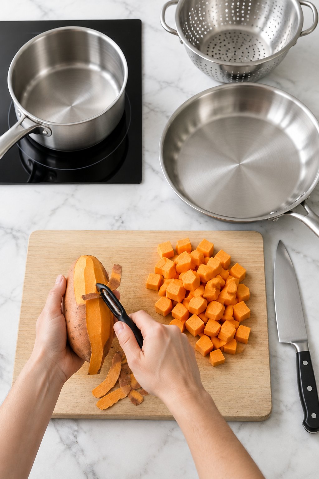 Hands peeling a sweet potato beside a board with a neat pile of raw orange 1/2-inch sweet potato cubes.