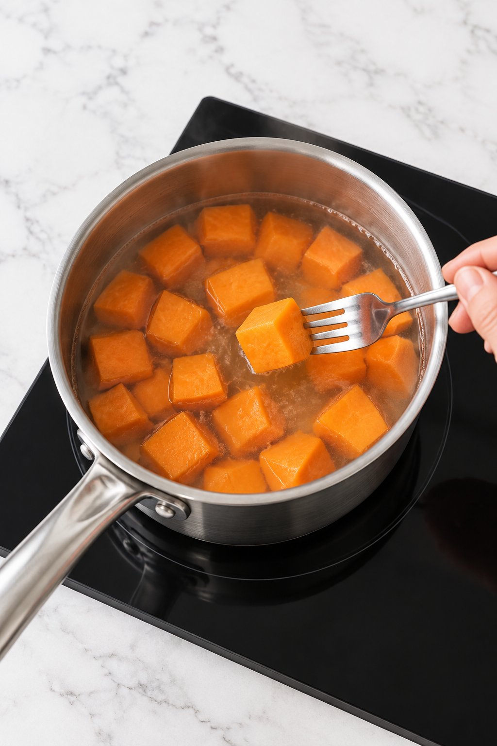 Raw orange sweet potato cubes simmering in water in a saucepan on the induction hob, a fork testing one cube.