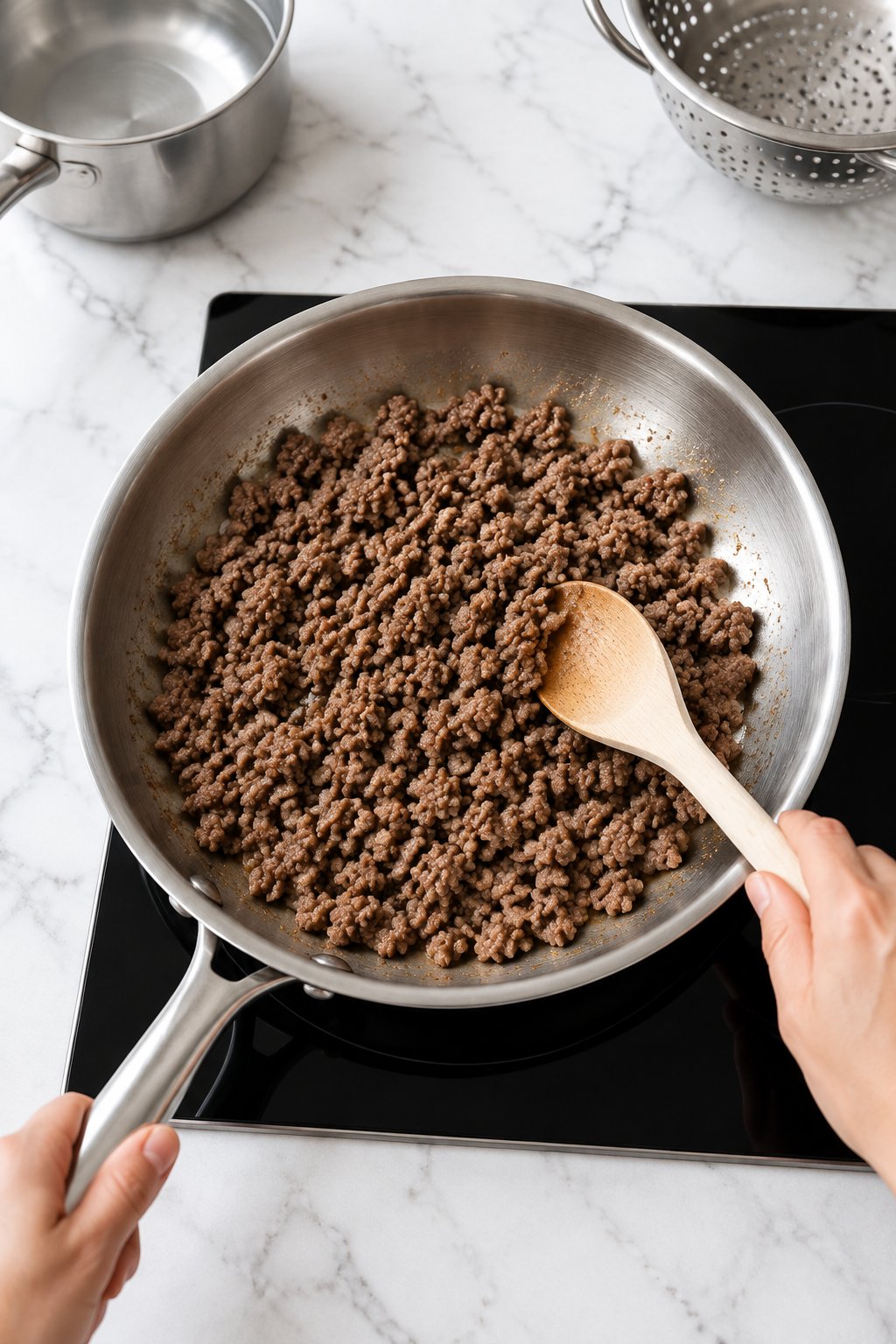 Lean ground beef browning in small crumbles in a large skillet on the hob, stirred with a spoon.