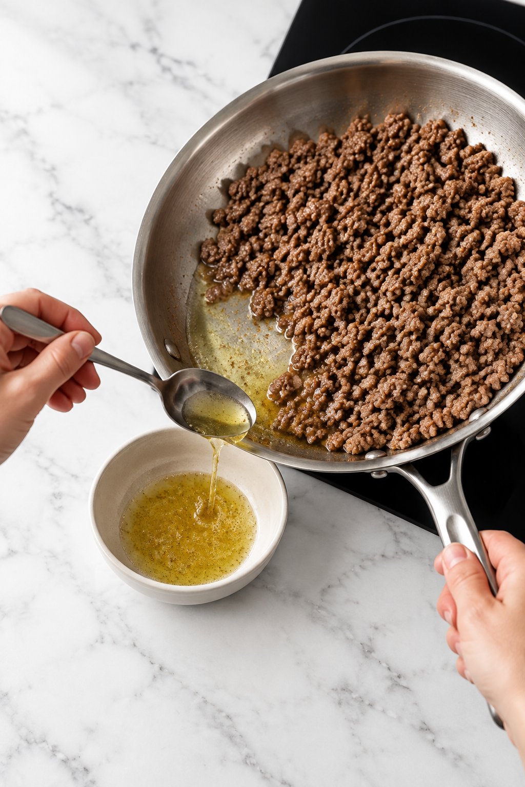 A hand tilting the skillet of browned beef crumbles and spooning off the melted fat into a small ivory bowl.