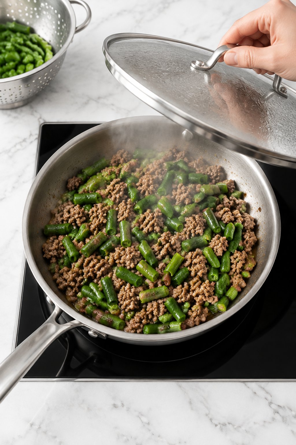 Chopped green beans steaming with the browned beef in the skillet, a lid held just above.