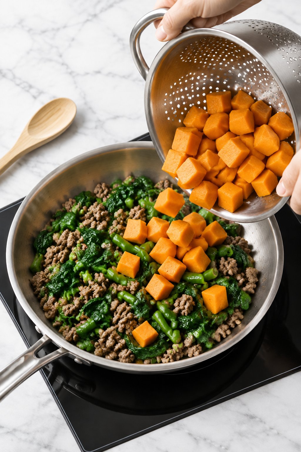 Fresh spinach wilting into the beef and green beans as drained orange sweet potato cubes are tipped in from a colander.