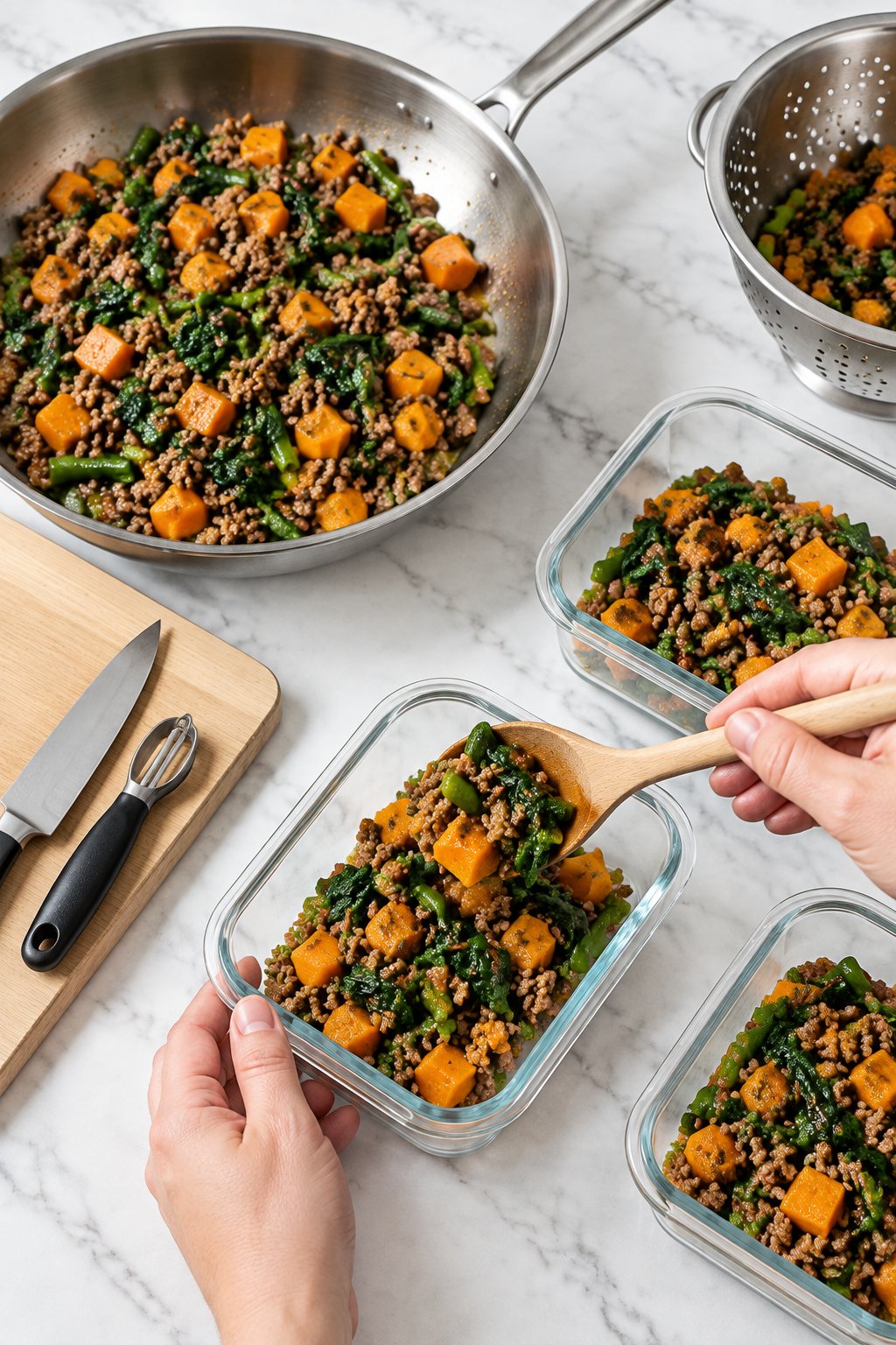 Hands spooning the finished beef, sweet potato, green bean and spinach mix into glass meal-prep containers on the marble.