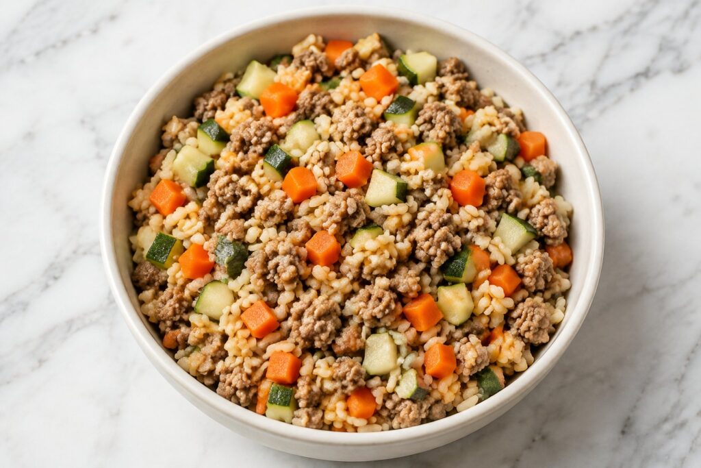 Ground Turkey and Rice Dog Food: A bowl of homemade dog food: browned ground turkey crumbles mixed with tender brown rice, small diced orange carrots and diced green zucchini.