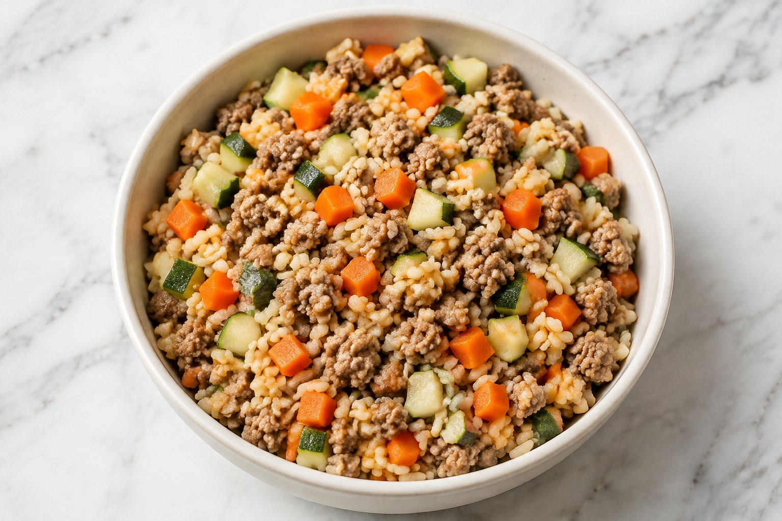 Ground Turkey and Rice Dog Food: A bowl of homemade dog food: browned ground turkey crumbles mixed with tender brown rice, small diced orange carrots and diced green zucchini.