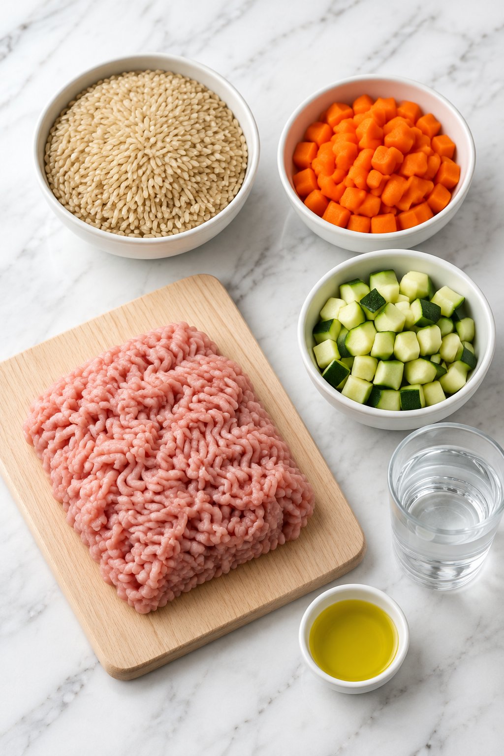 Ingredients for turkey and rice dog food: ground turkey, brown rice, carrots, zucchini, olive oil and water.