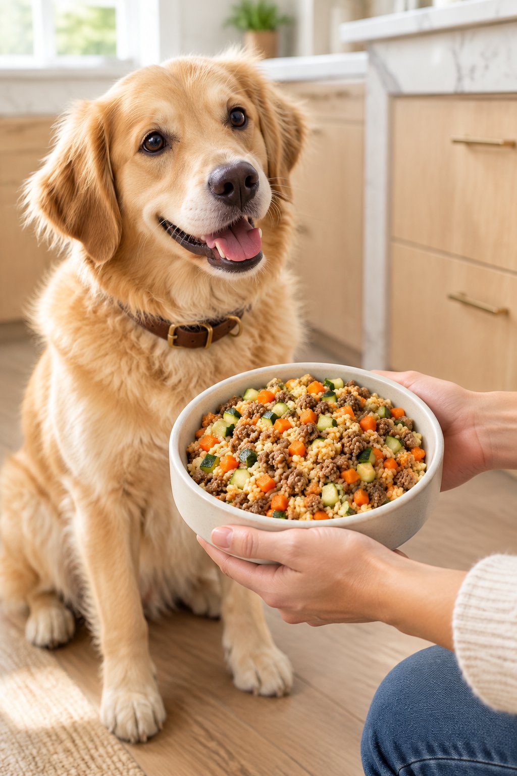 A golden retriever mix waiting as a bowl of homemade ground turkey and rice dog food is served.