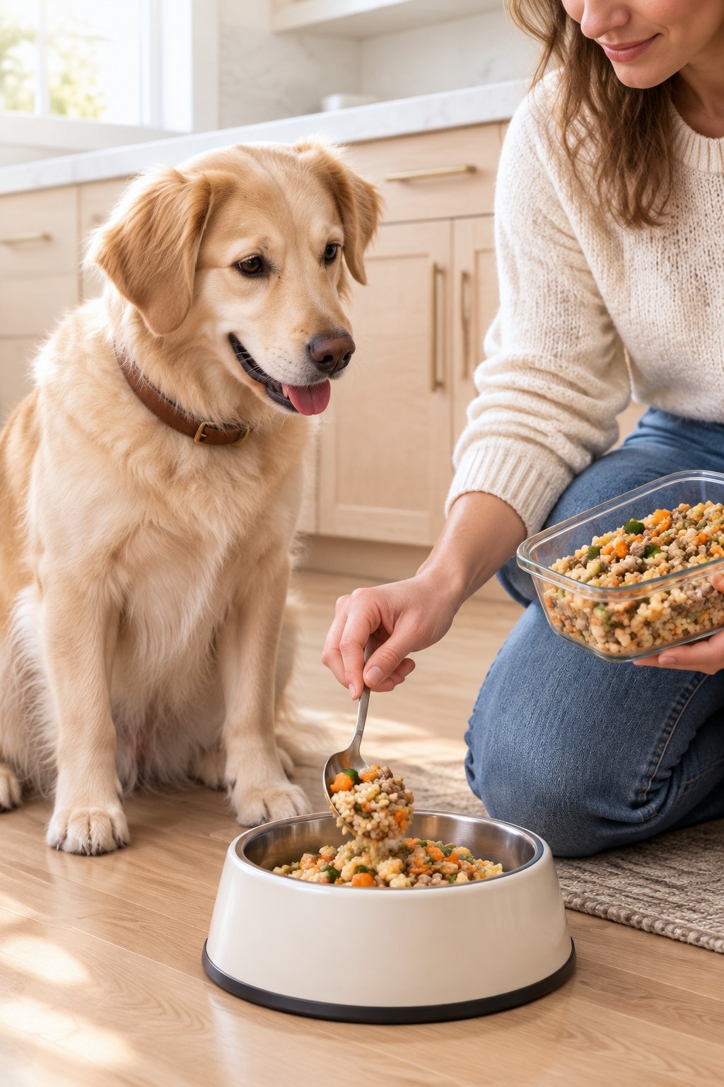 A golden retriever mix watching turkey and rice dog food being spooned into its bowl.