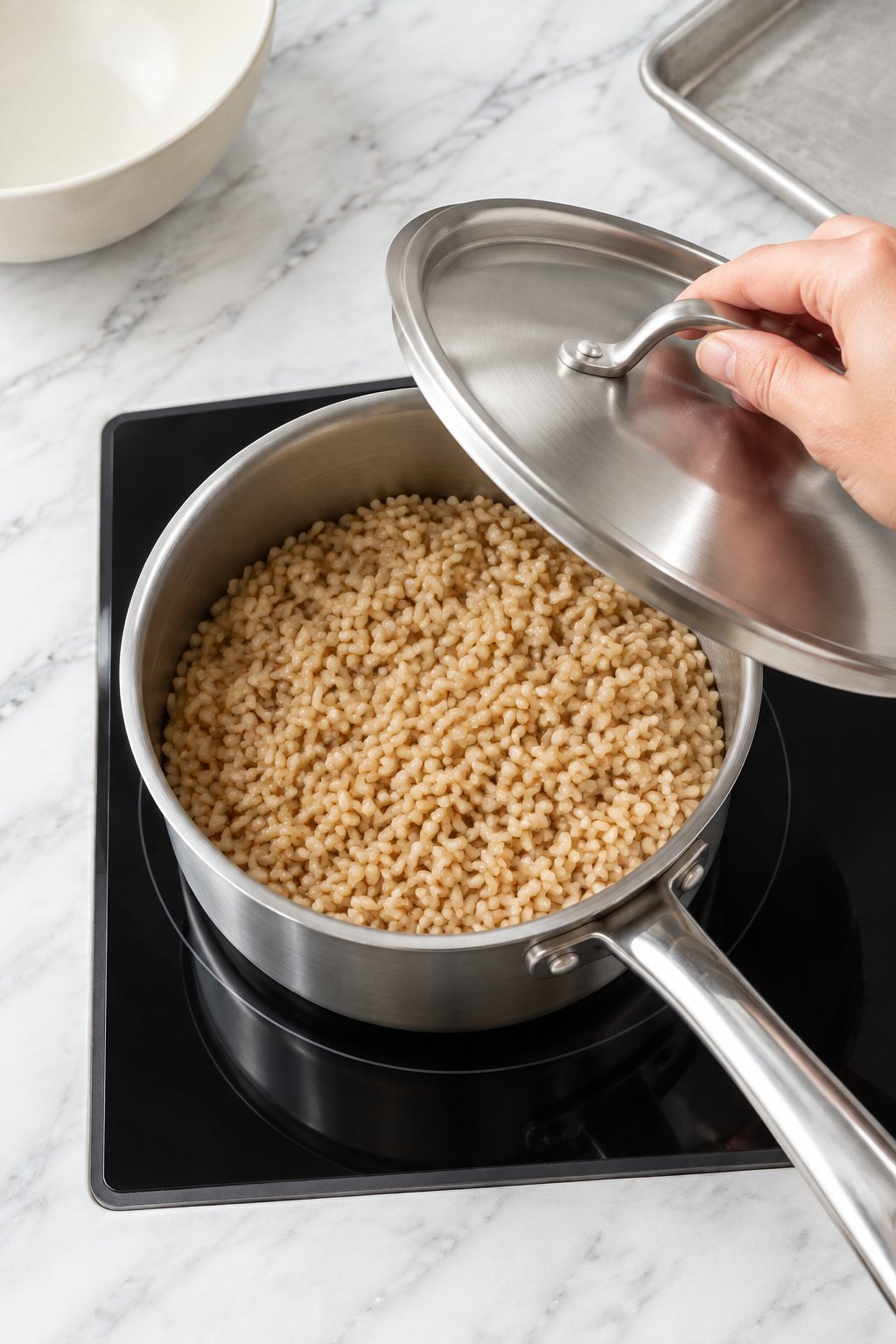 A hand lifting the lid off a saucepan on the hob to show tender cooked brown rice with no water left.
