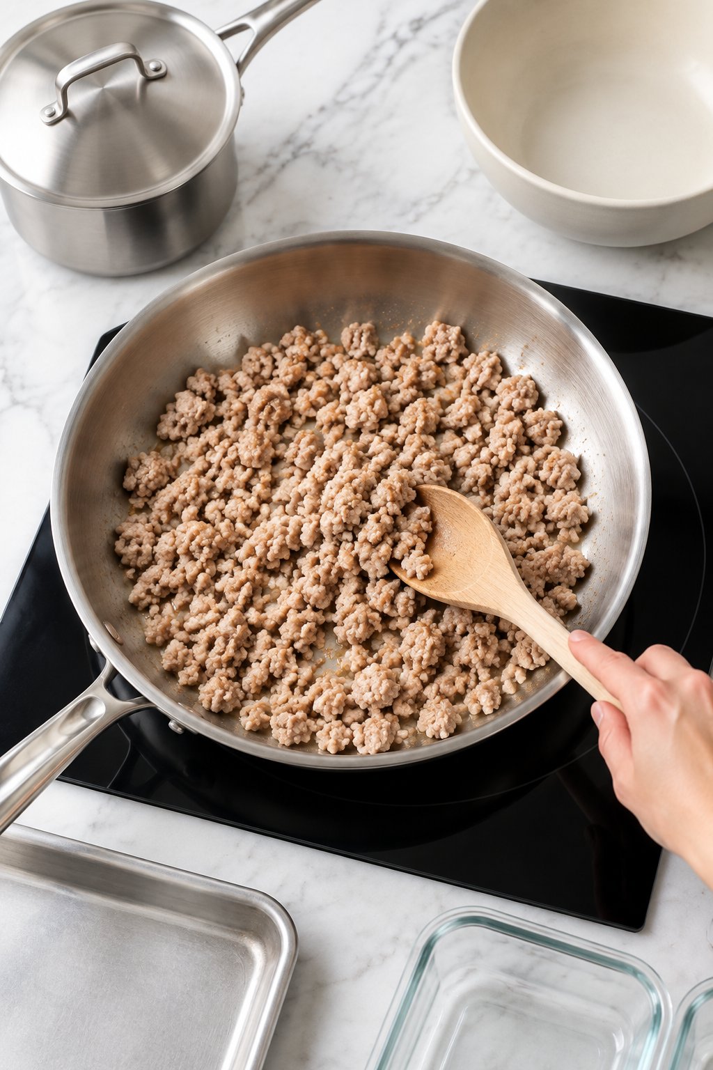 Lean ground turkey browning in pale crumbles in the large skillet with a little olive oil, stirred with a spoon.