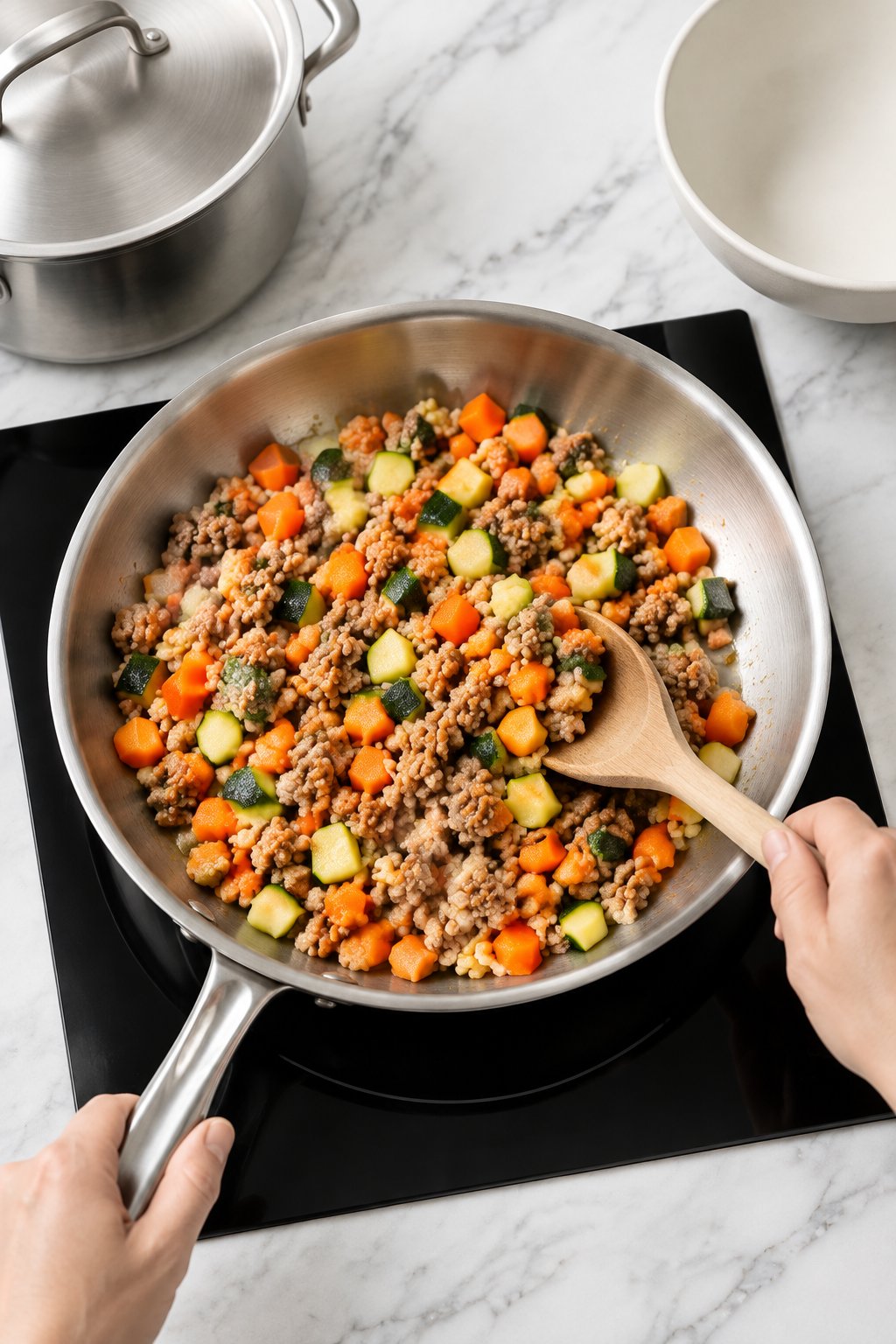 Diced orange carrots and green zucchini cooking with the turkey crumbles in the skillet, being stirred.