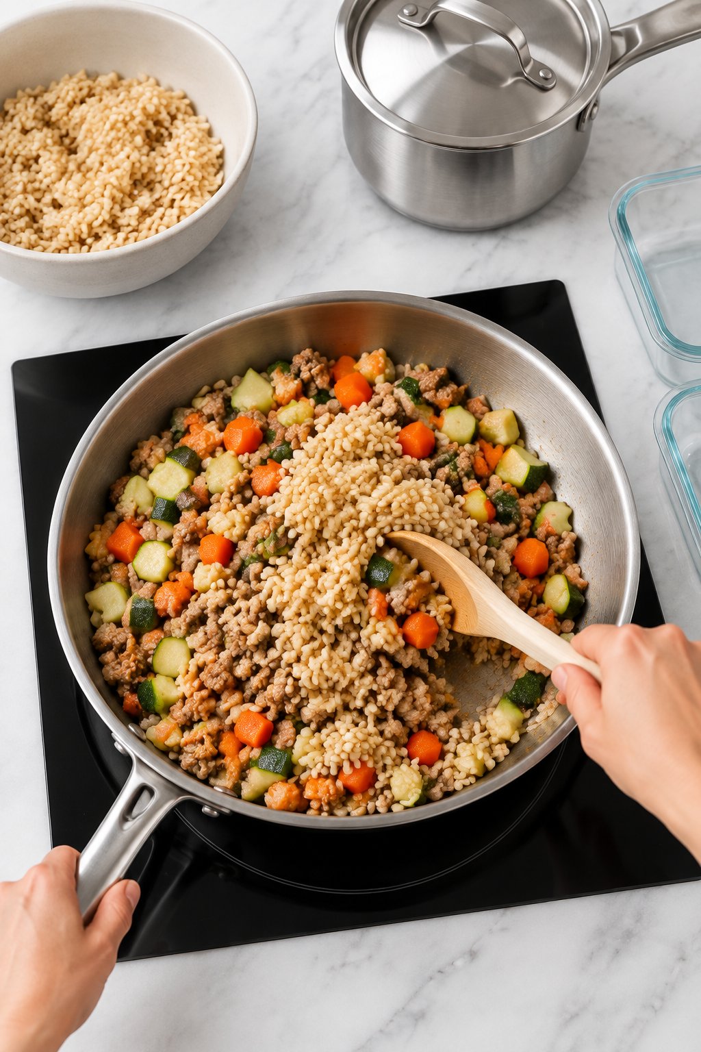 Cooked brown rice being folded into the turkey and vegetables in the skillet with a wooden spoon.