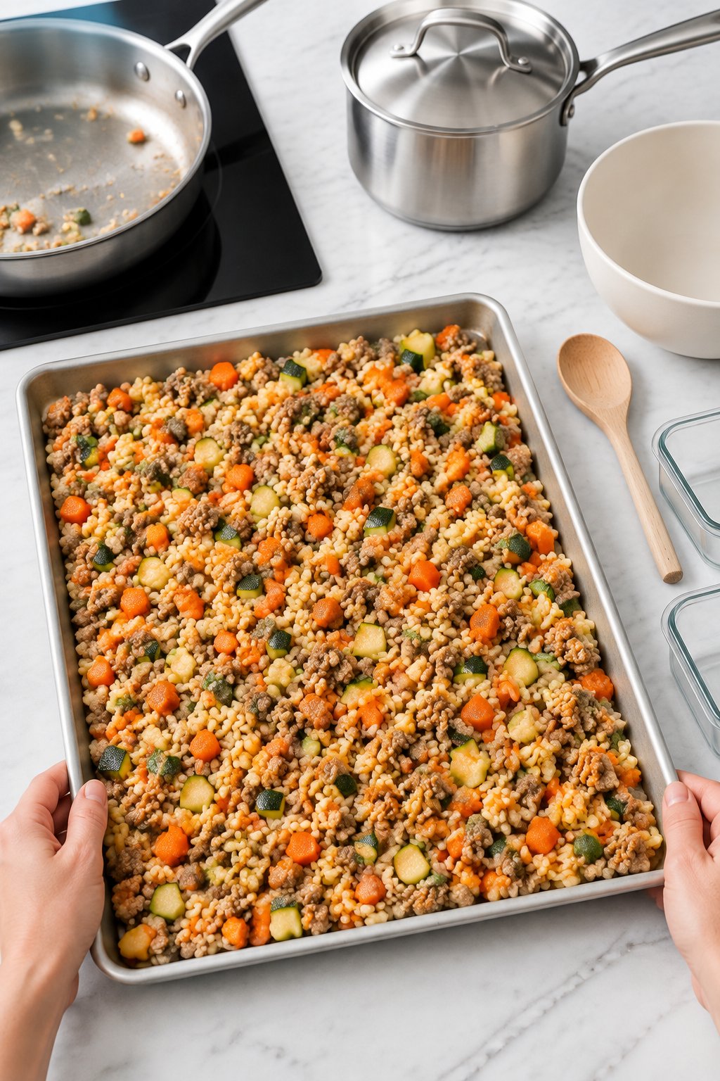 The turkey, rice and vegetable mix spread across a sheet tray on the marble to cool.