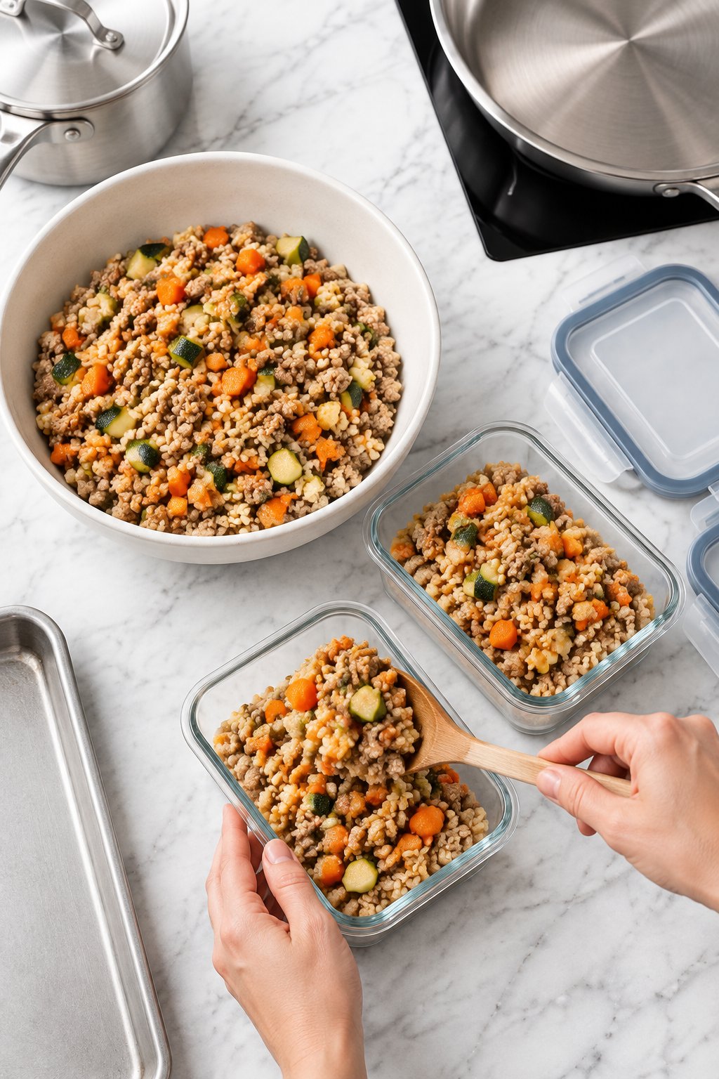 Hands spooning the turkey and rice mix into glass meal-prep containers.