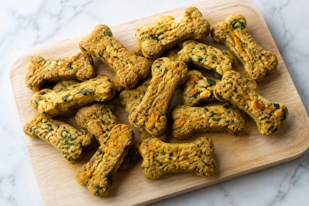 Homemade Carrot Spinach Dog Treats: About fifteen bone-shaped carrot spinach dog treats, golden with visible flecks of orange carrot and green spinach, on a board.