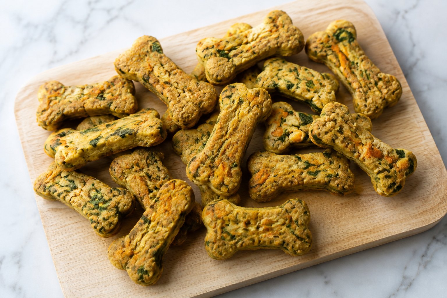 Homemade Carrot Spinach Dog Treats: About fifteen bone-shaped carrot spinach dog treats, golden with visible flecks of orange carrot and green spinach, on a board.