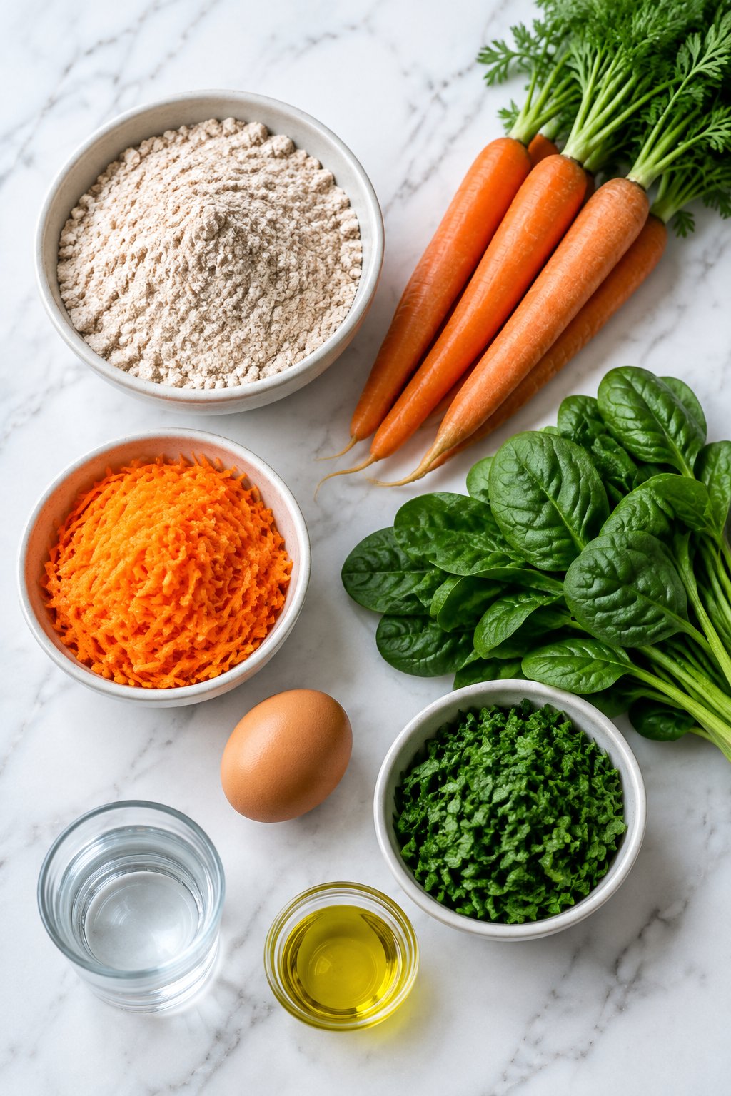 Ingredients for carrot spinach dog treats: flour, grated carrot, spinach, egg, water and olive oil.