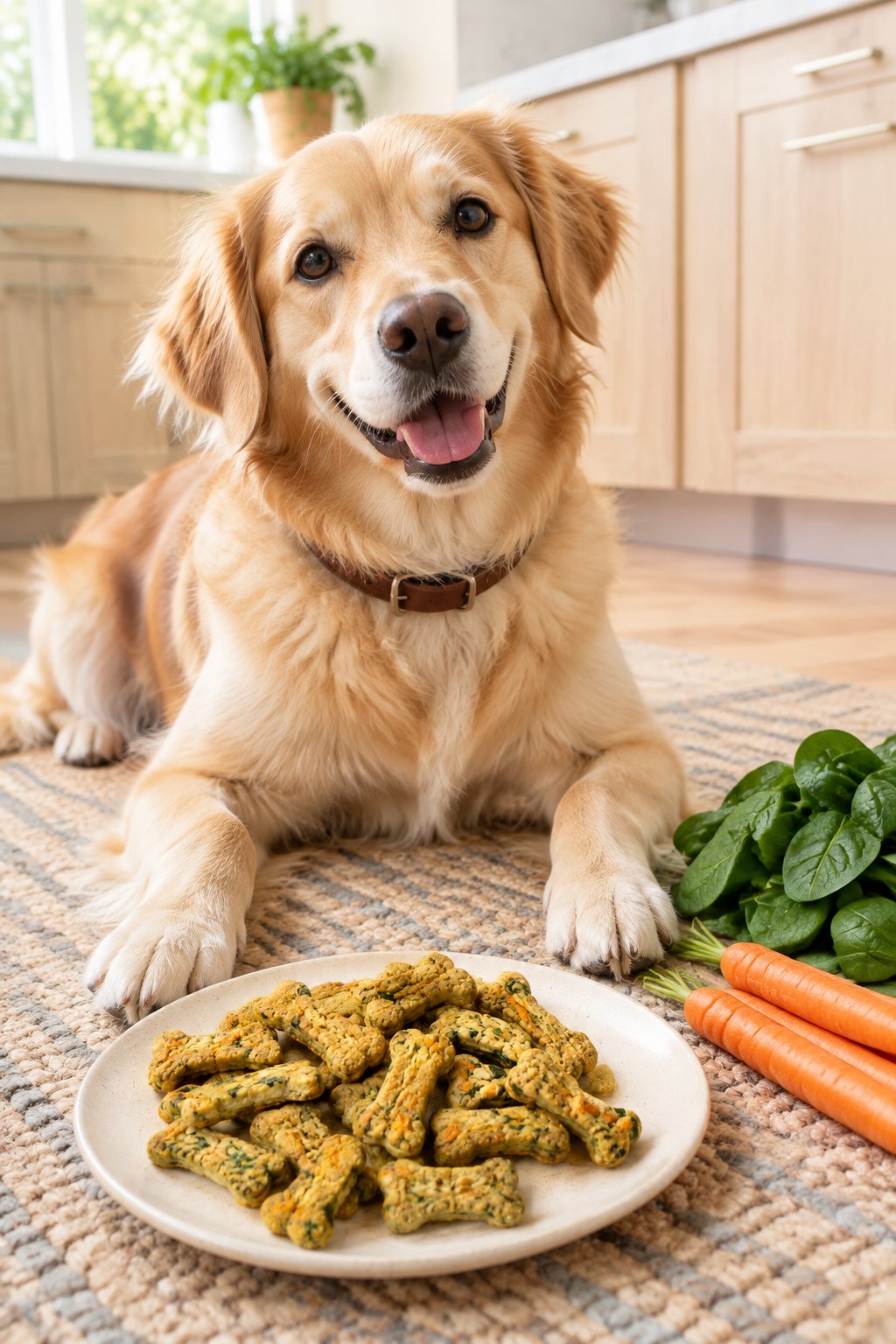 A golden retriever mix reaching toward a plate of homemade carrot spinach dog treats.