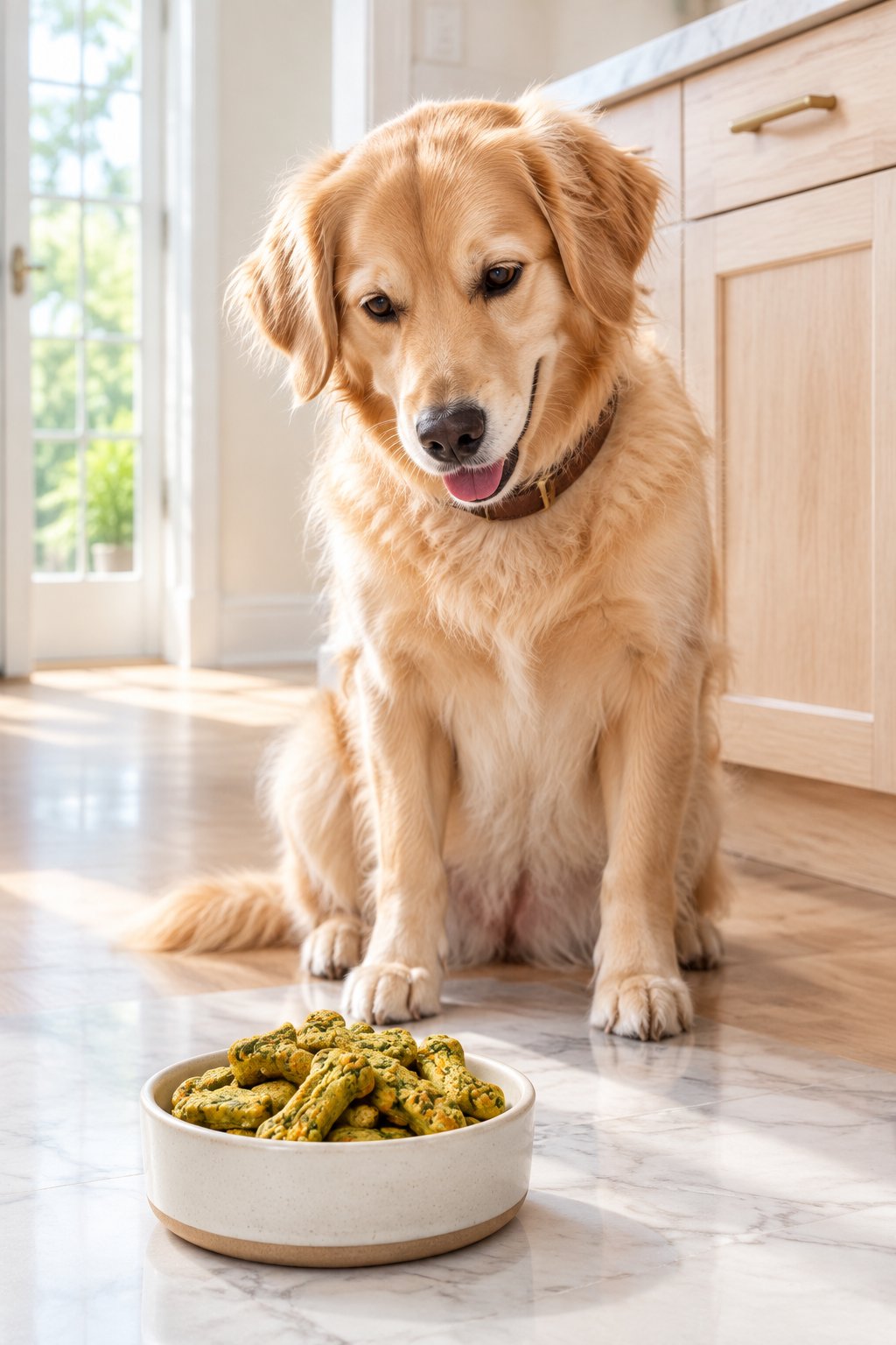 A golden retriever mix looking at a bowl of homemade carrot spinach dog treats.