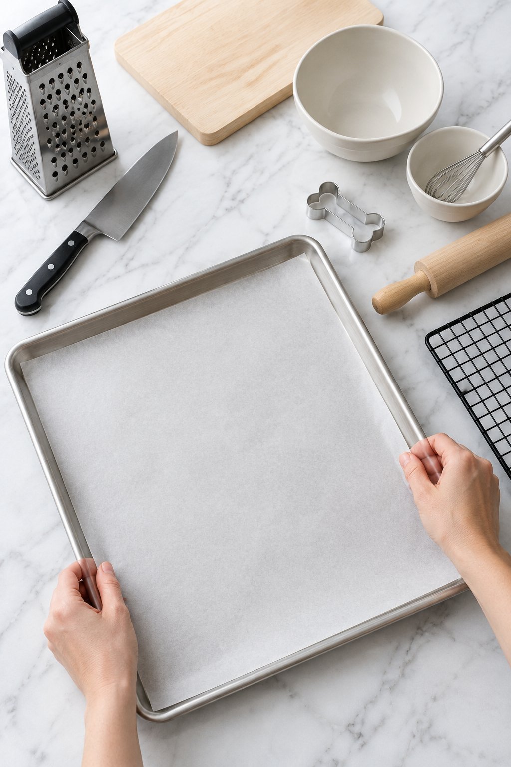 Hands lining an empty baking sheet with parchment paper.