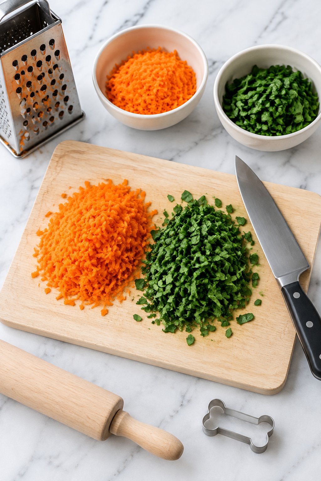 A small heap of finely grated carrot and a small heap of finely chopped fresh spinach on a board, a chef's knife beside the spinach.