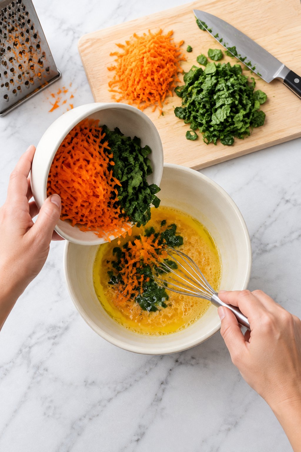 A small wire whisk beating an egg with water and olive oil in an ivory bowl as grated carrot and chopped spinach are tipped in.