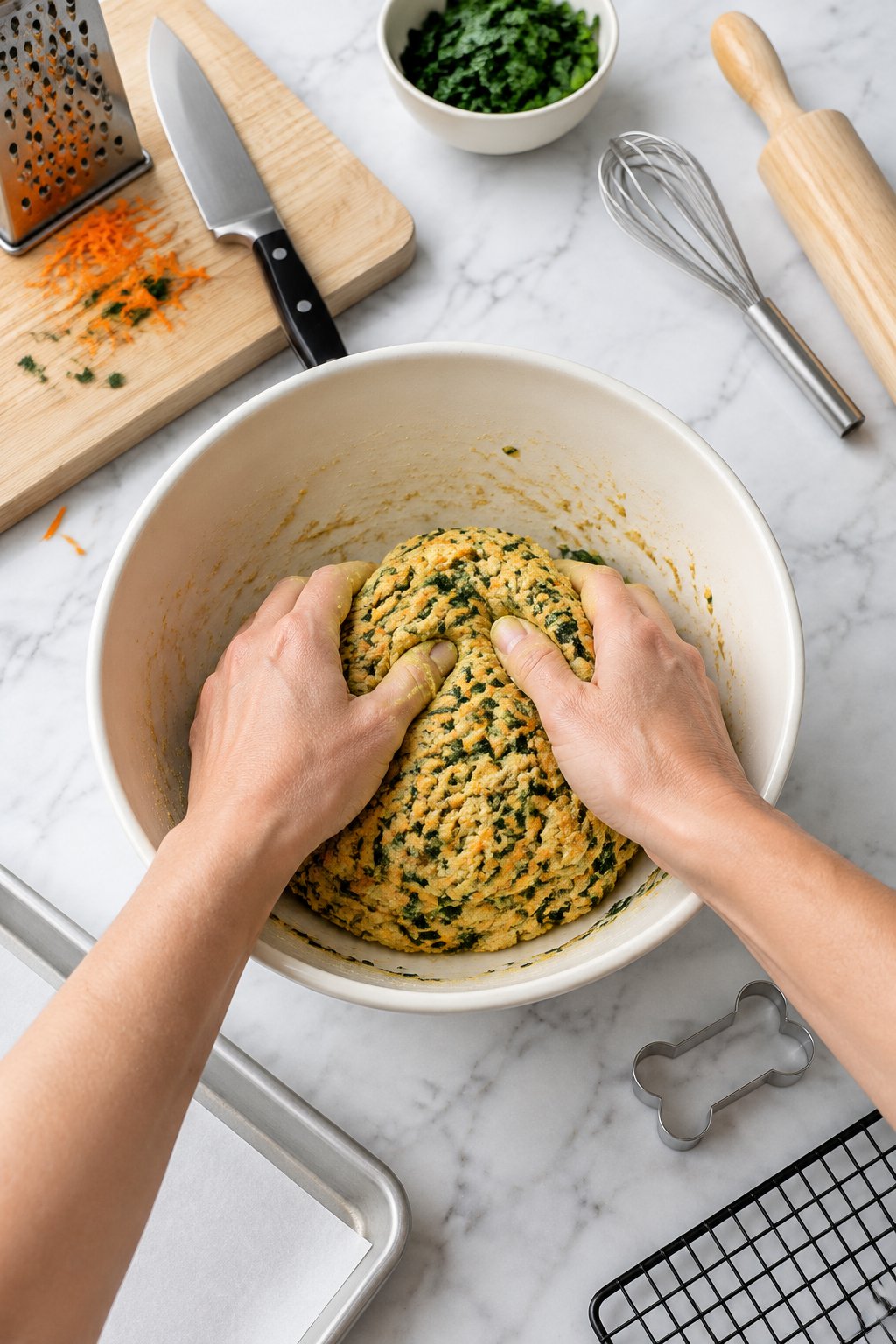 Hands kneading a firm dough flecked with orange carrot and green spinach in the ivory bowl.