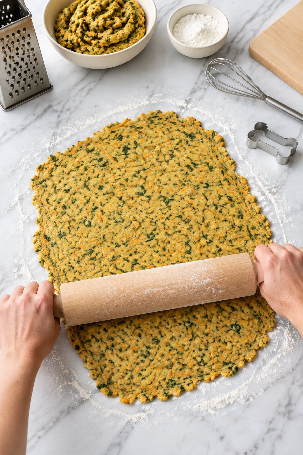 A rolling pin rolling the flecked dough to a quarter-inch sheet on floured marble.