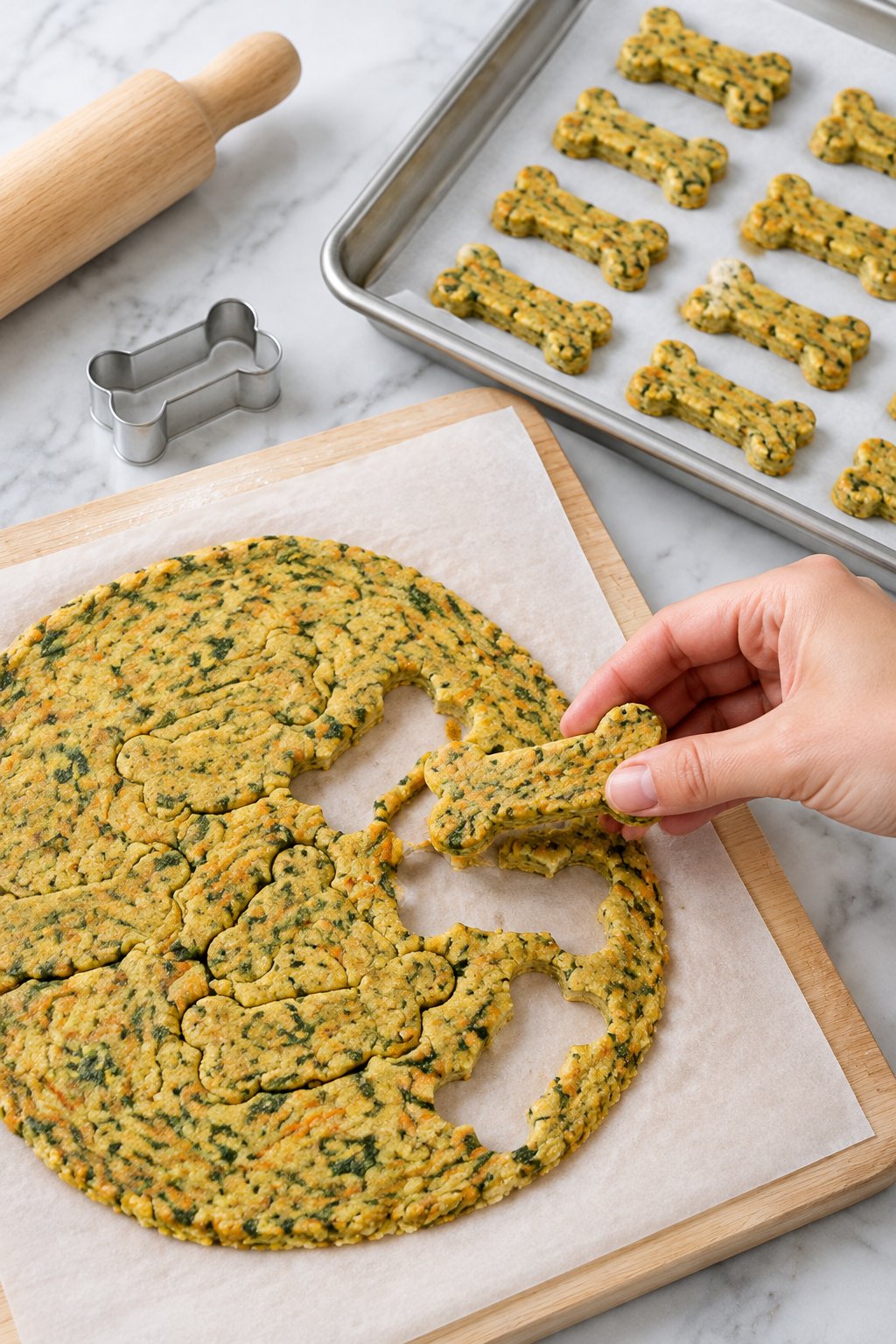 A hand lifting a raw bone-shaped cutout from the rolled dough.