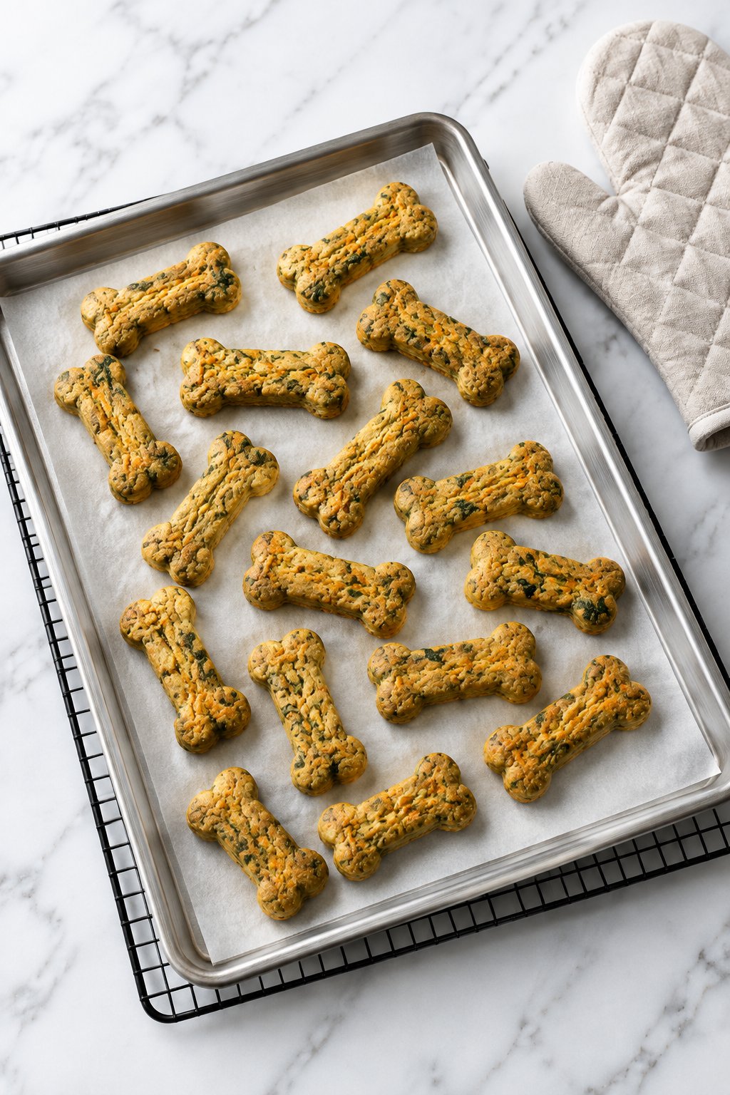 The baking sheet of baked golden bone-shaped carrot spinach treats on a trivet, oven mitt beside it.