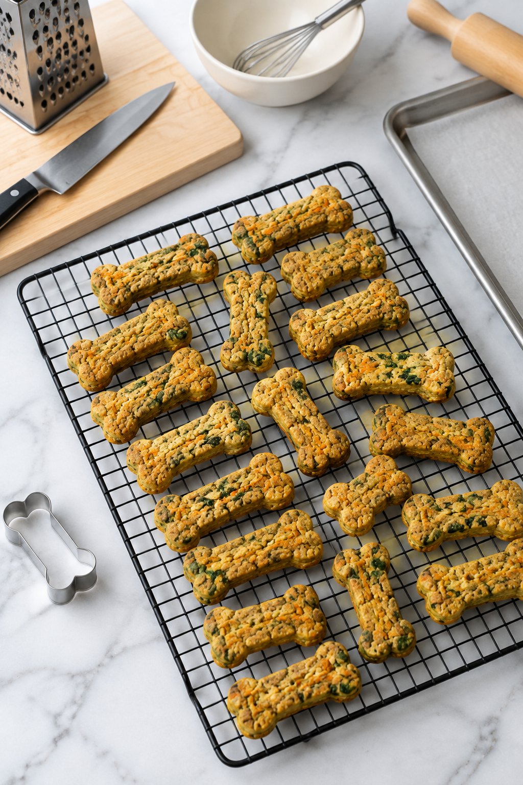 Baked carrot spinach bones cooling on a black wire rack.