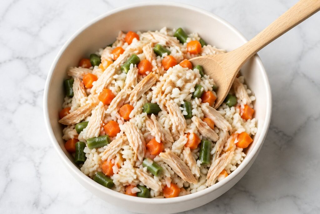 A bowl of homemade chicken and rice dog food with shredded chicken, carrots and green beans, and a wooden spoon.