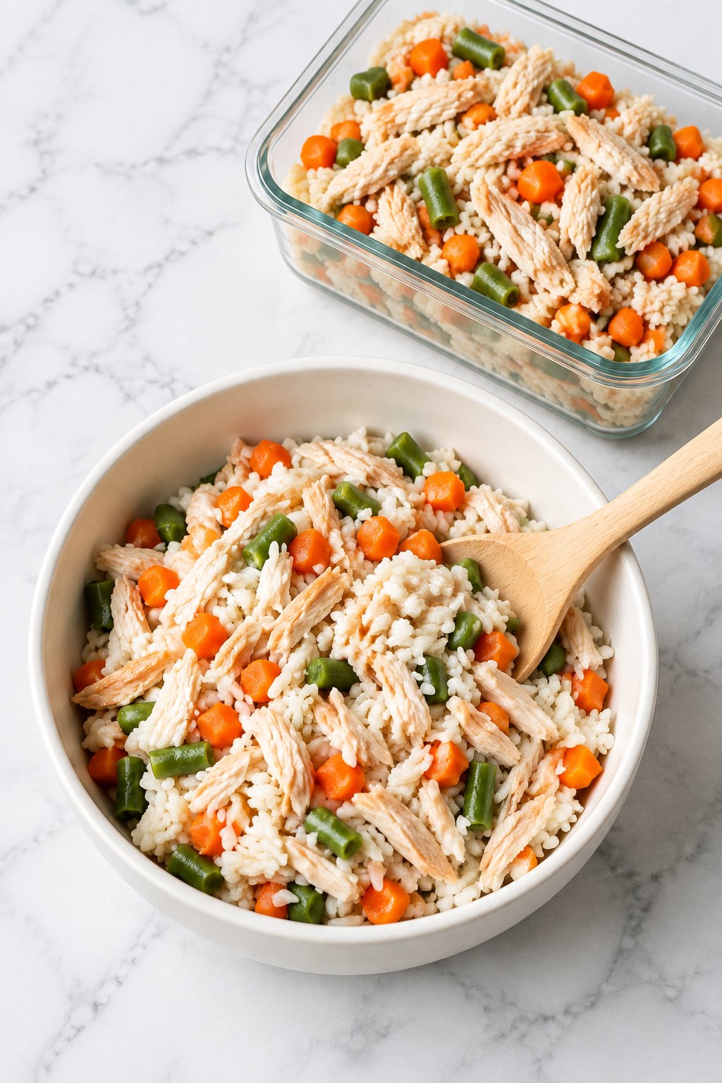 A bowl of homemade chicken and rice dog food with shredded chicken, carrots and green beans.