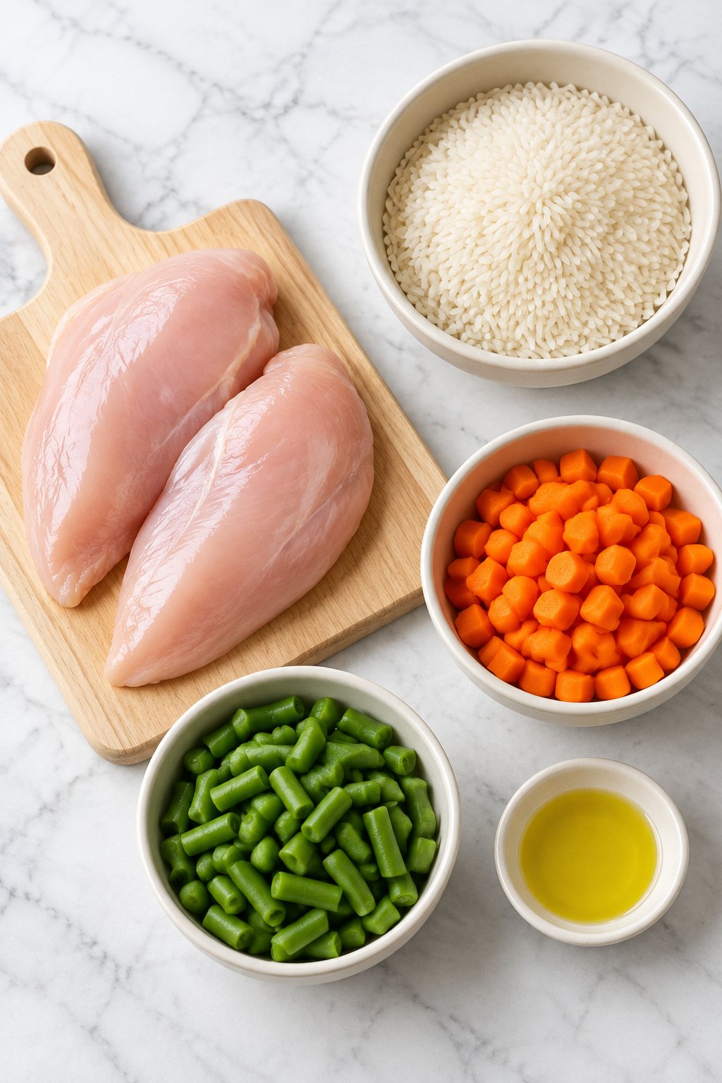 Ingredients for chicken and rice dog food: raw chicken breasts, white rice, diced carrots, green beans and olive oil.