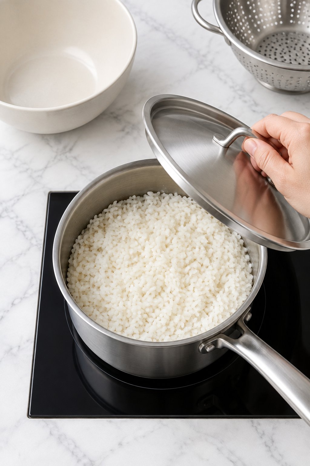A hand lifting the lid off a saucepan of cooked white rice on the hob.
