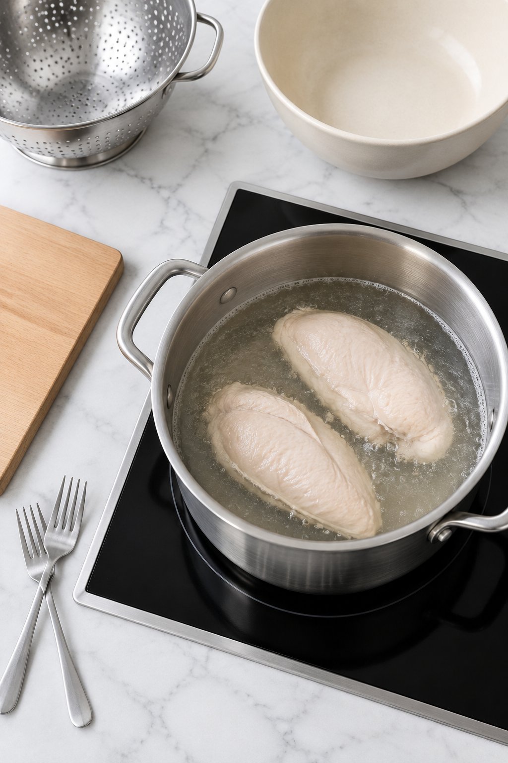 Chicken breasts poaching in plain water in a pot on the hob.