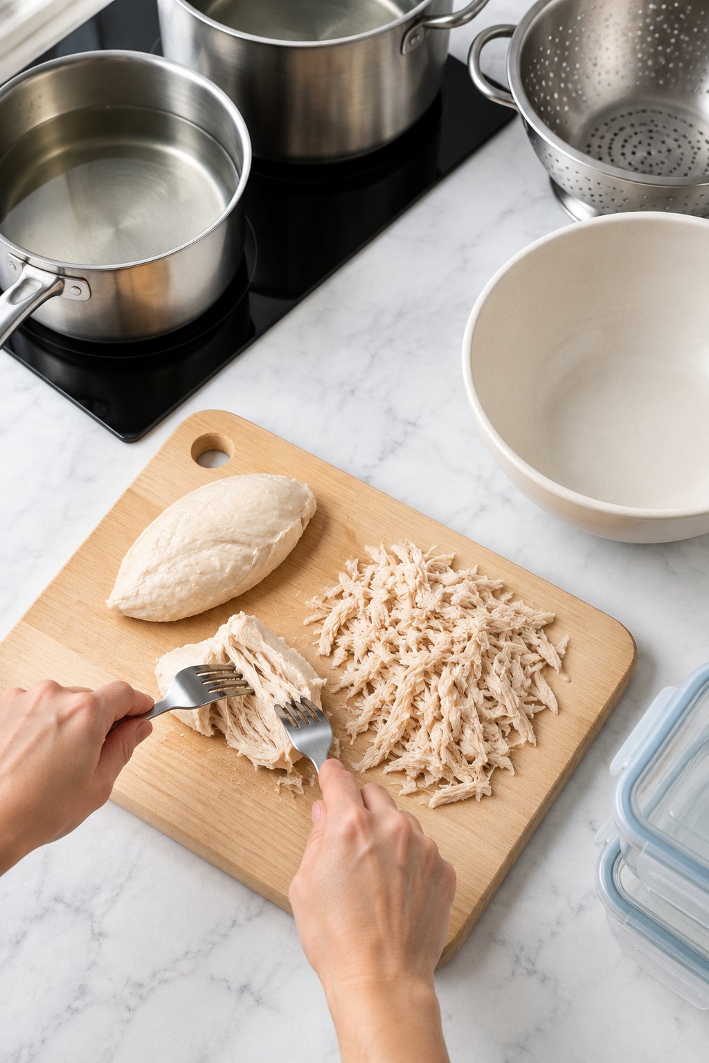 Hands shredding poached chicken with two forks on a wooden board.