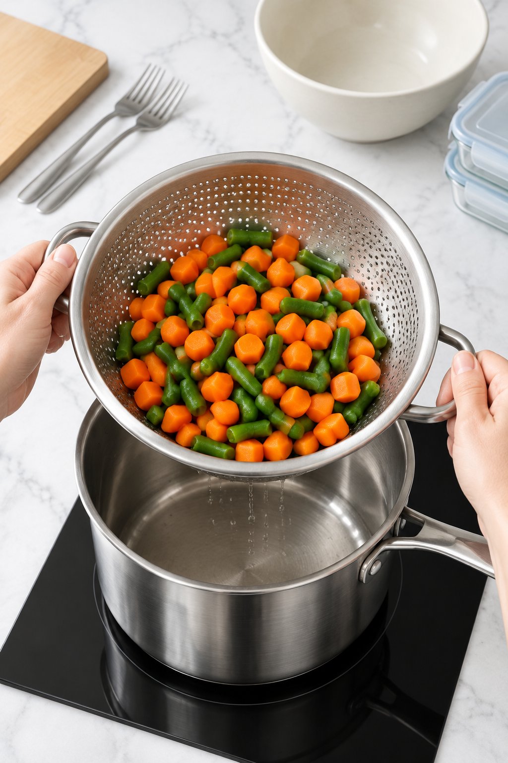 Carrots and green beans being drained in a colander over the pot.