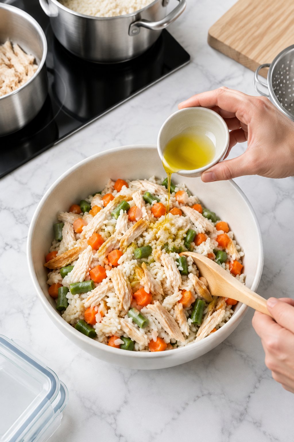 Olive oil being stirred into a bowl of rice, shredded chicken, carrots and green beans.