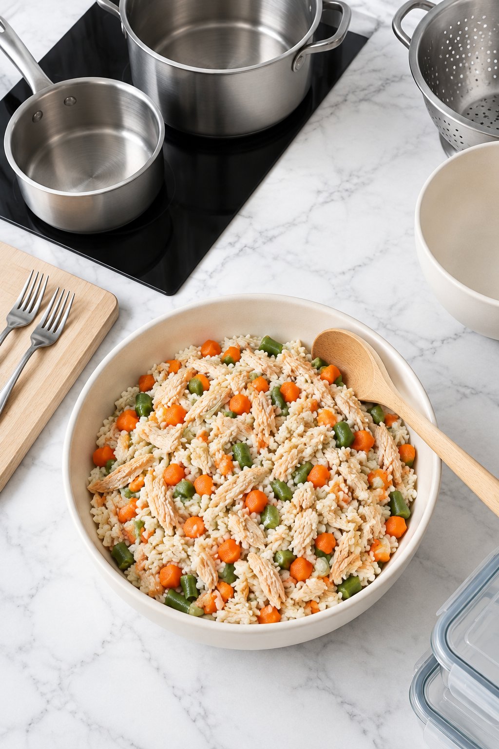 The chicken and rice mixture spread out in a large bowl to cool.