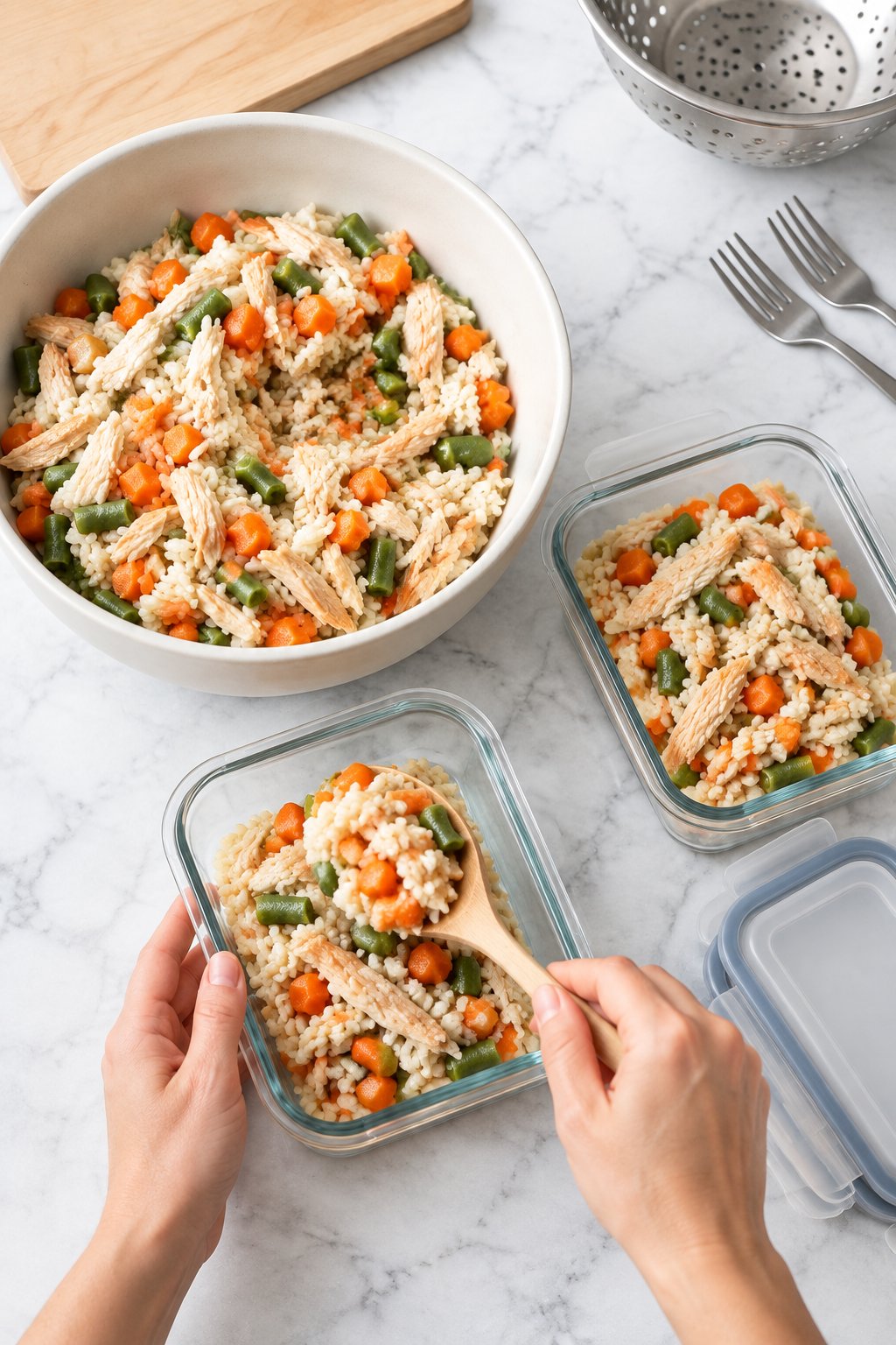 Hands spooning chicken and rice dog food into glass meal-prep containers.