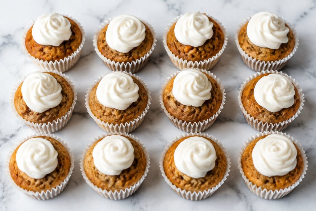 Homemade Dog Birthday Cupcakes: Twelve mini carrot and applesauce pupcakes in white paper liners, golden-brown domes each topped with a small swirl of white Greek yogurt and cream ch.