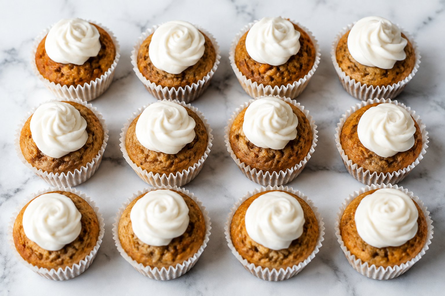 Homemade Dog Birthday Cupcakes: Twelve mini carrot and applesauce pupcakes in white paper liners, golden-brown domes each topped with a small swirl of white Greek yogurt and cream ch.