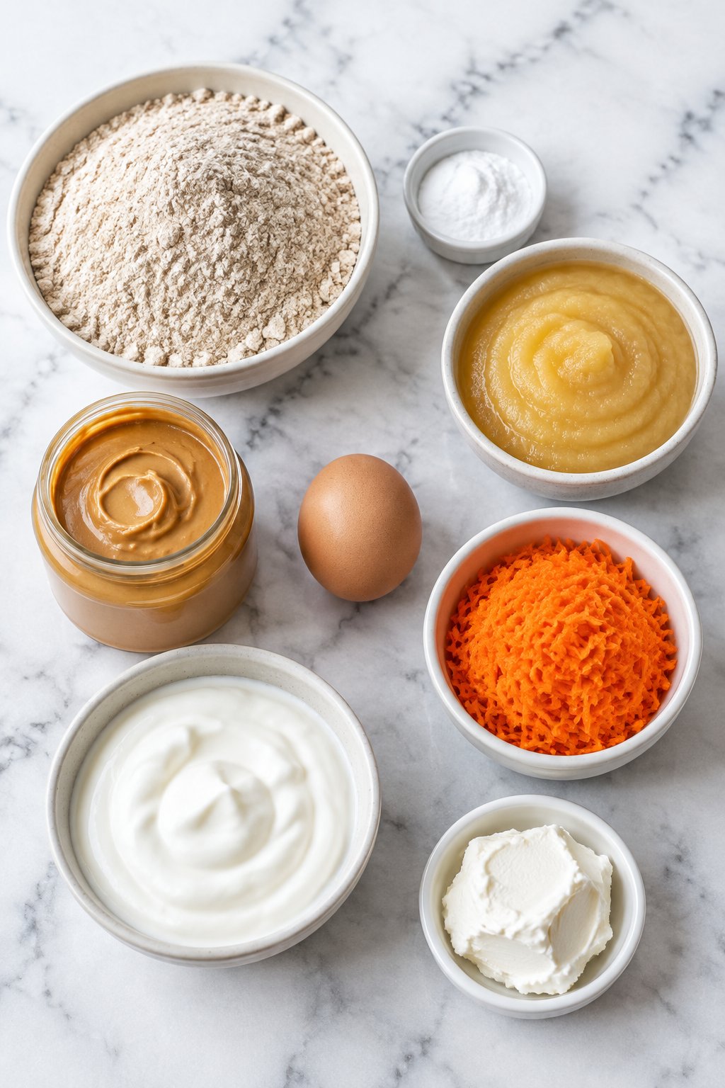 Ingredients for dog birthday pupcakes: flour, baking soda, applesauce, peanut butter, egg, grated carrot, Greek yogurt and cream cheese.