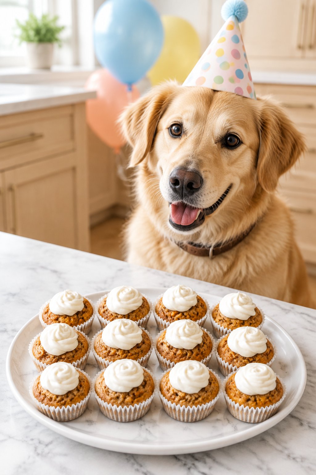 A golden retriever mix in a party hat gazing at frosted homemade dog birthday pupcakes.
