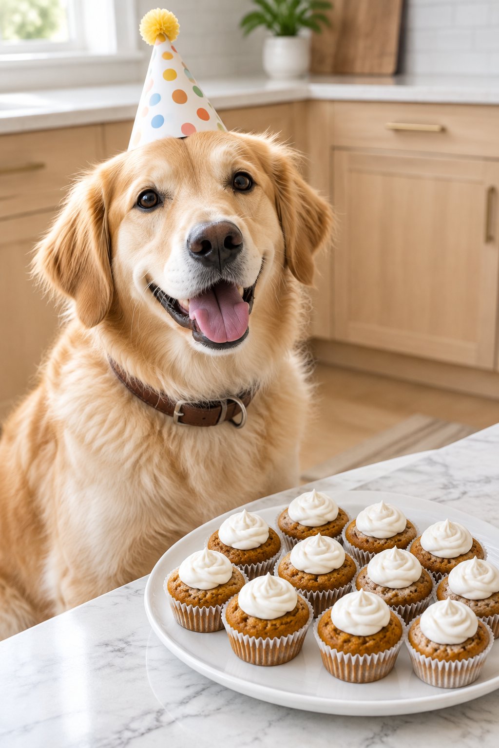 A golden retriever mix in a party hat next to a plate of homemade dog birthday pupcakes.